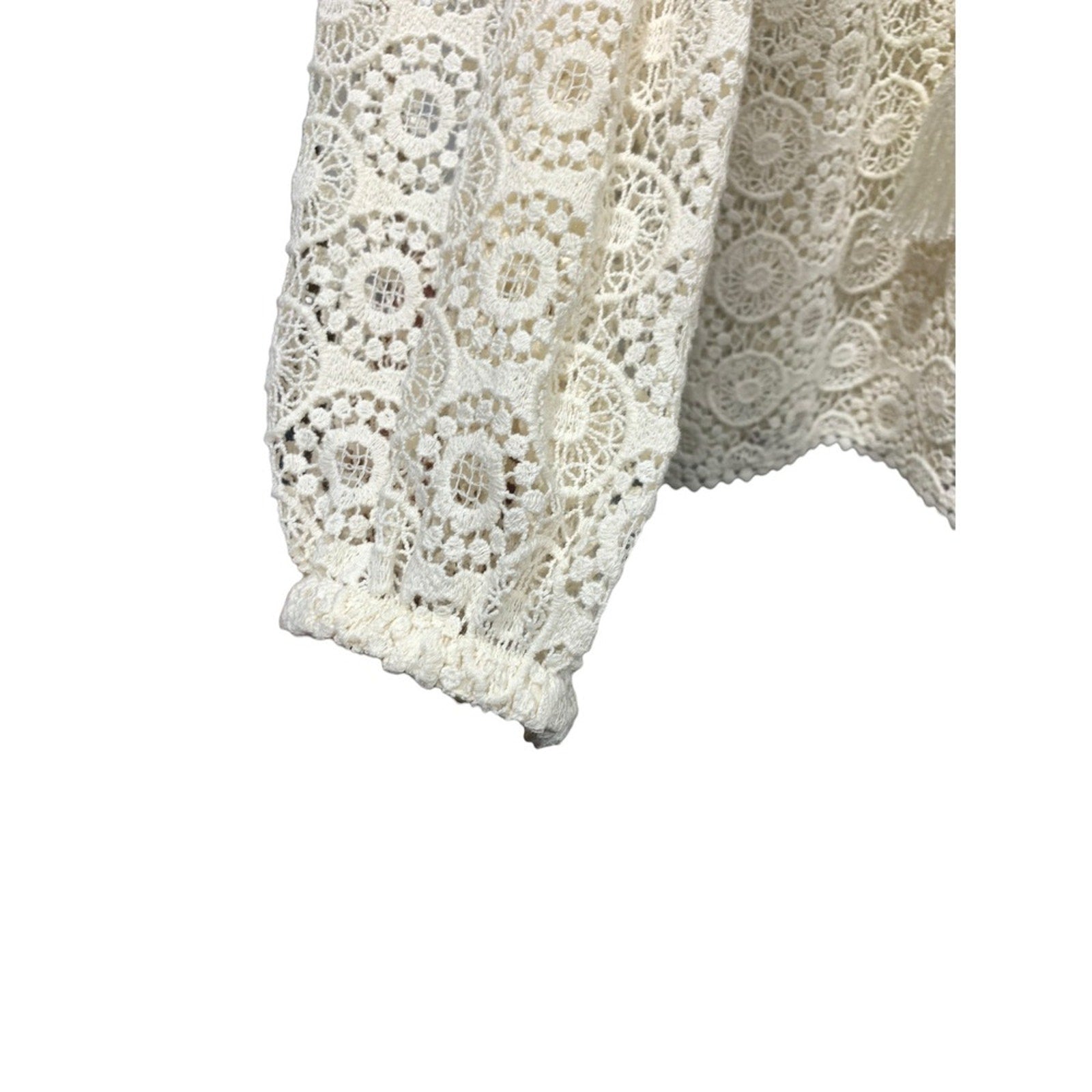 FRAME Cream Crochet Lace Boho Long Sleeve Tassel V Neck Blouse Top M/M