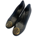 Tory Burch Black Leather Wedge Pumps Gold Logo Round Toe Women's Size 8M