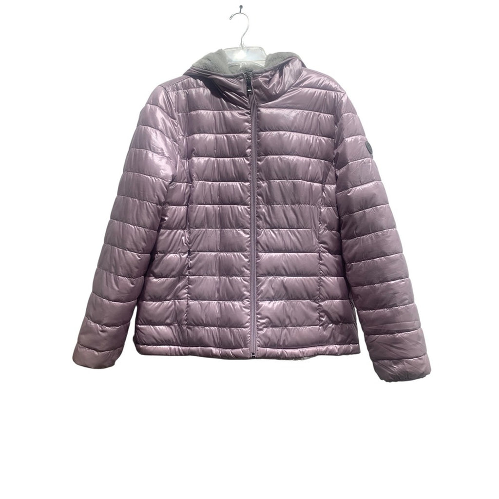 Andrew Marc Women's Puffer Jacket L Reversible Faux Fur Hooded Lightweight Coat