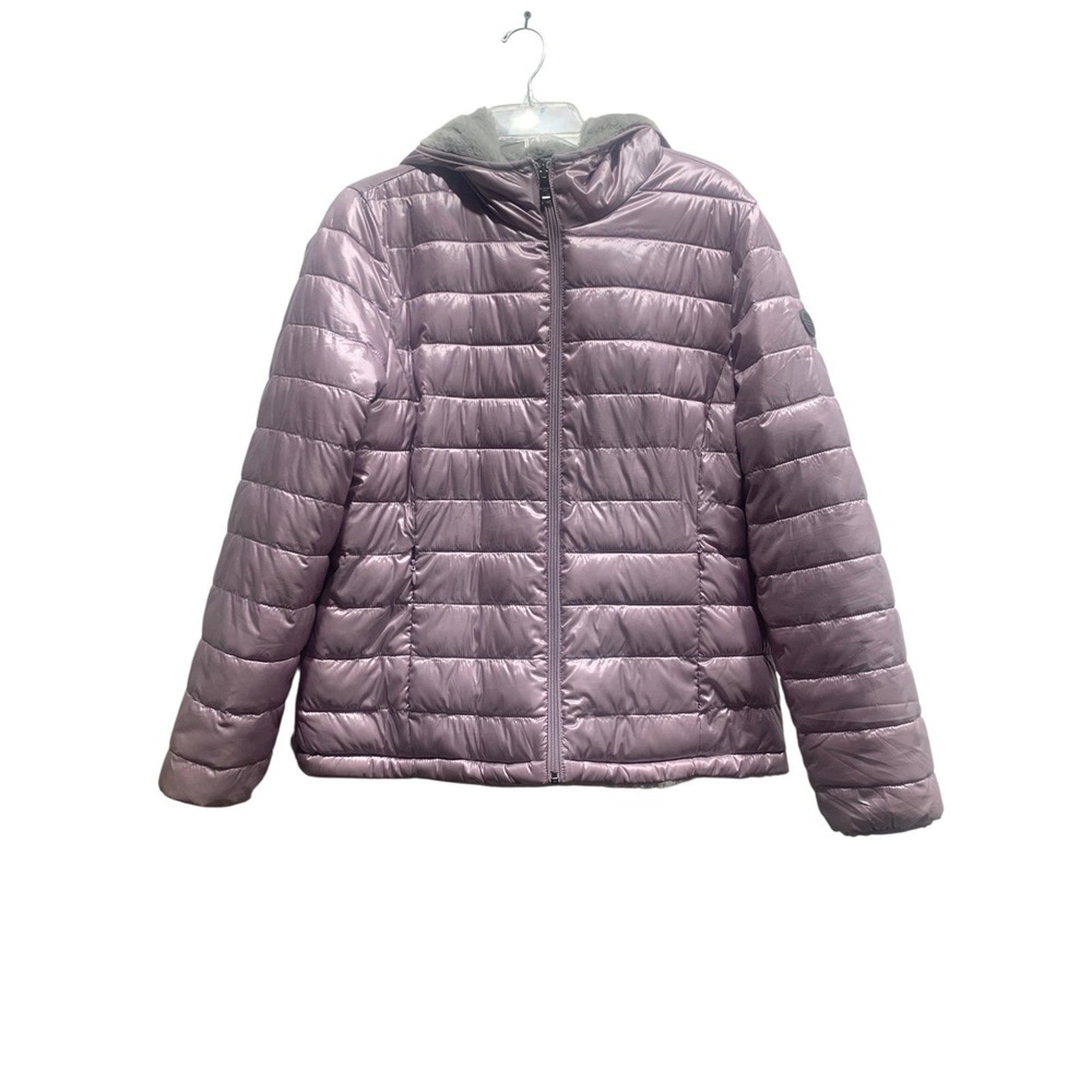 Andrew Marc Women's Puffer Jacket L Reversible Faux Fur Hooded Lightweight Coat