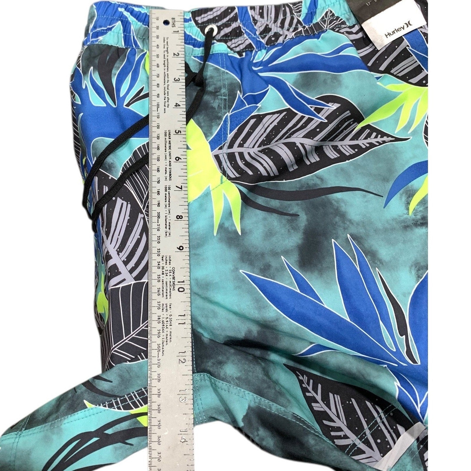 Hurley Mens Tropical Leaf Print Swim Trunks Teal Blue Lime Green Size Large 17"