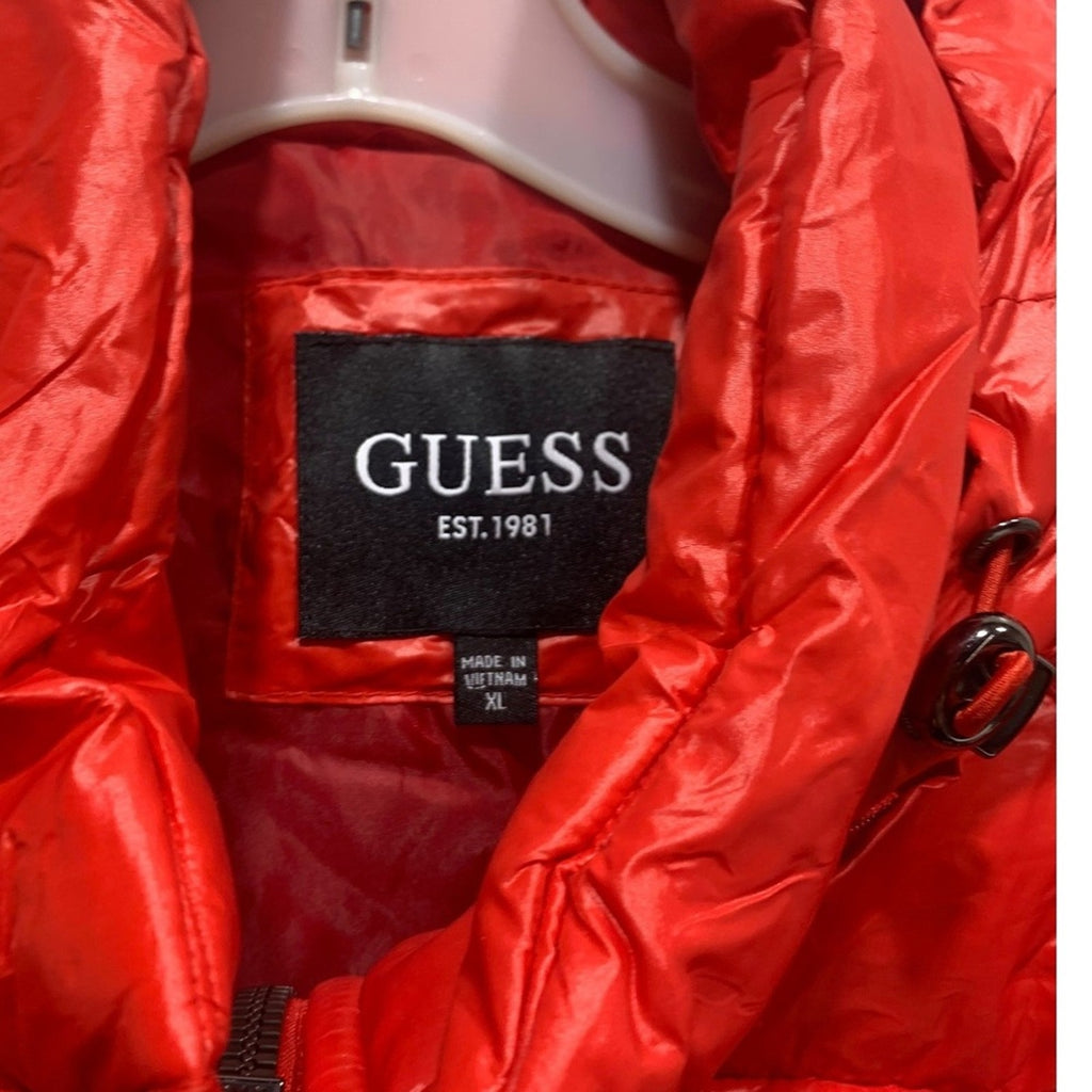 Guess Puffer Jacket Hooded Red Full Zip Zip Pockets Men XL