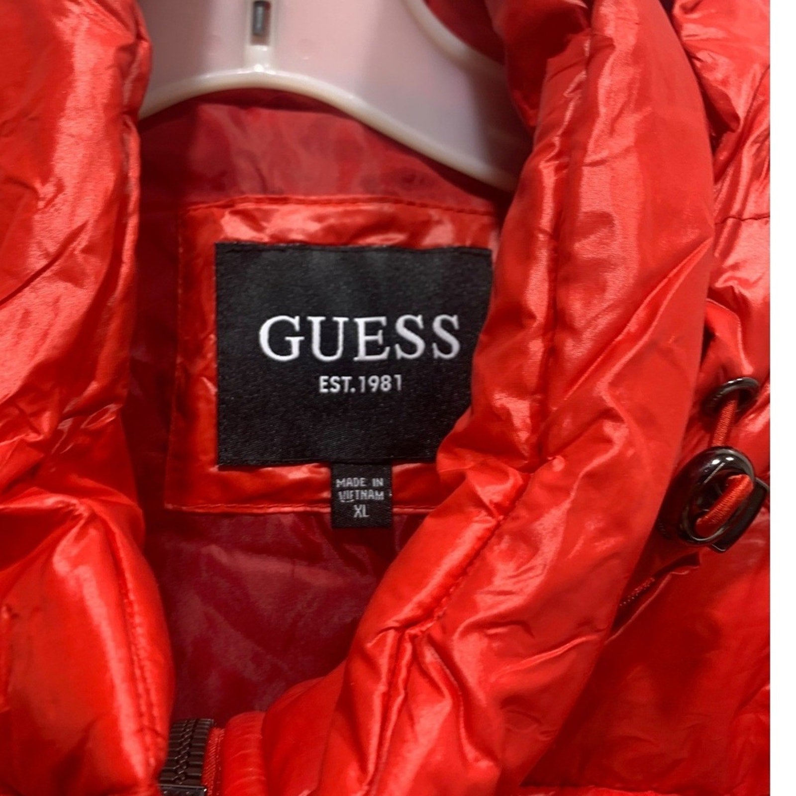Guess Puffer Jacket Hooded Red Full Zip Zip Pockets Men XL