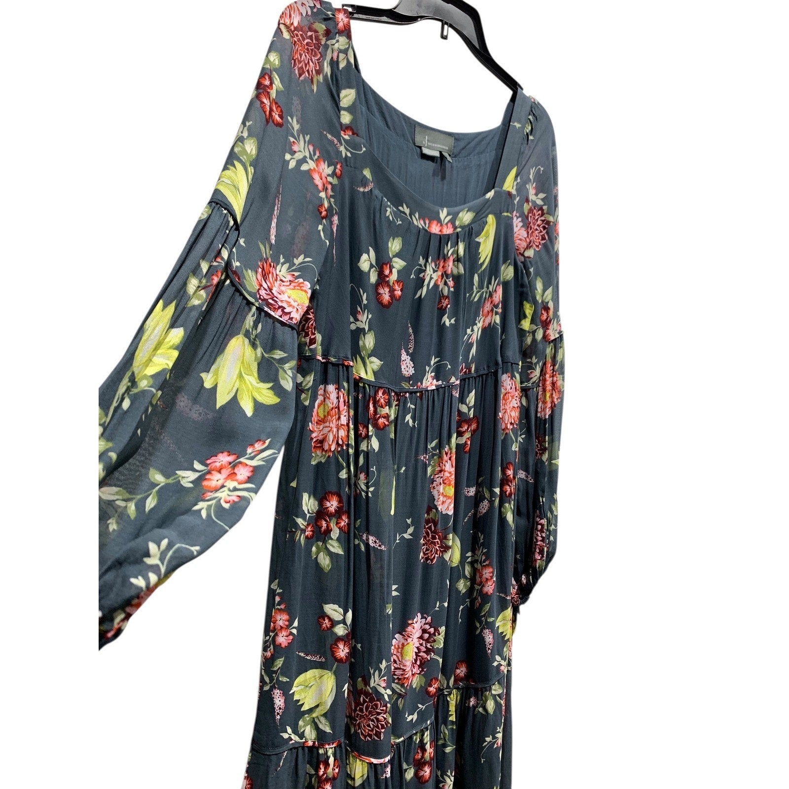 Anthropologie Evelin Maxi Dress Long Puff Sleeve Tiered Square Neck Womens M