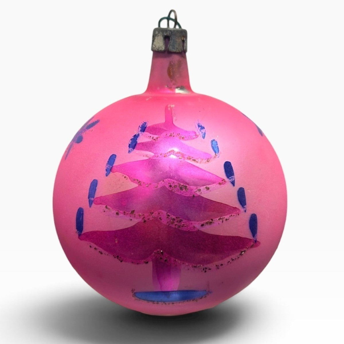 Vintage Poland Pink Glass Christmas Ornament Tree Starburst 2.5" Round Retro