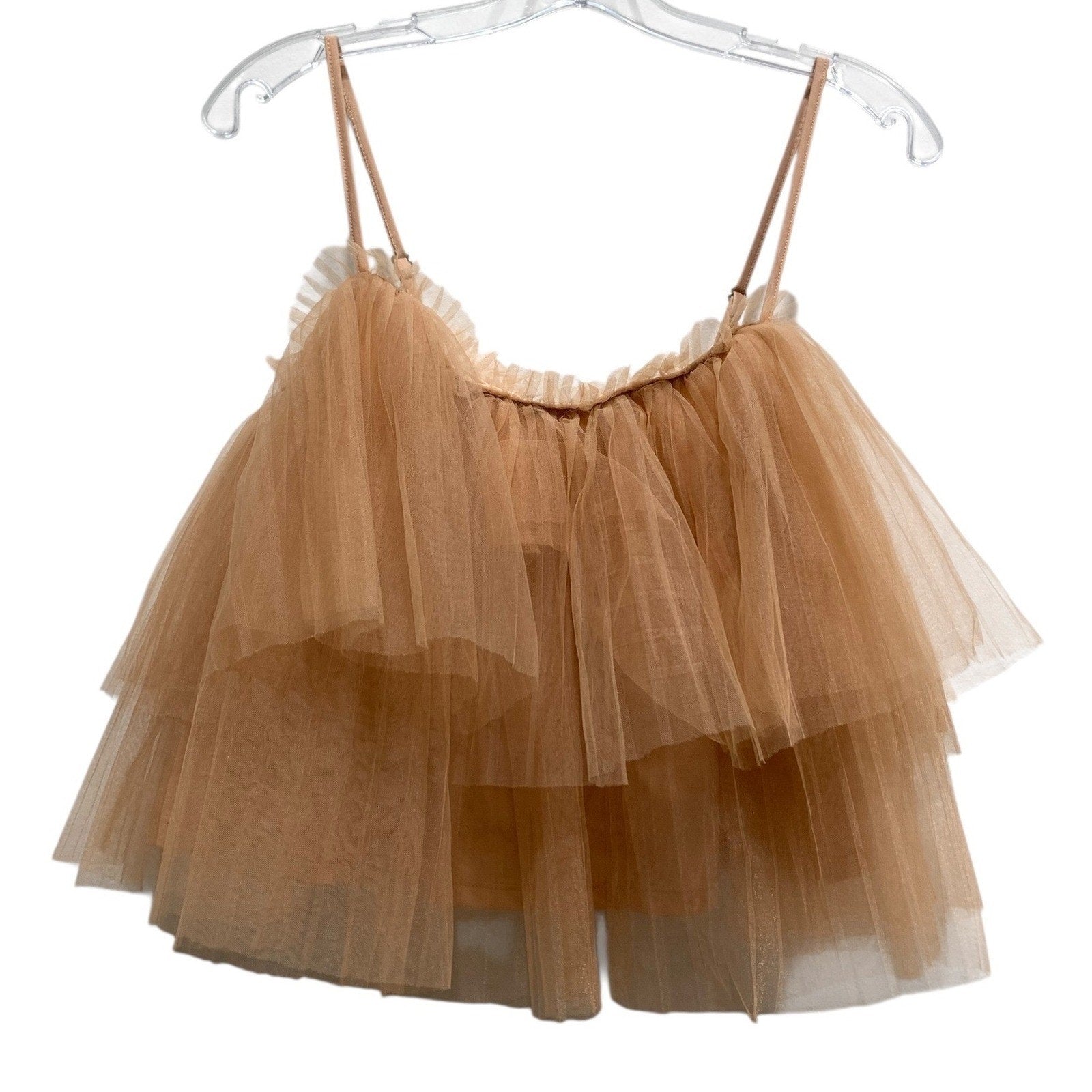Anthropologie Tiered Tulle Camisole Top Peach Tan Mesh Layered Tank M OB1777380