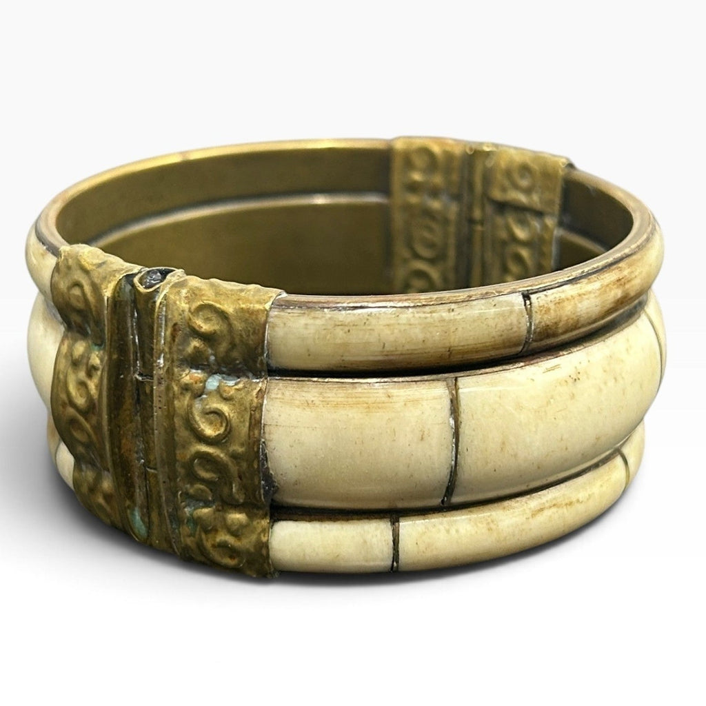 Vintage Brass and Bovine Bone Hinged Cuff Bracelet Ornate Scrollwork Pin Closure