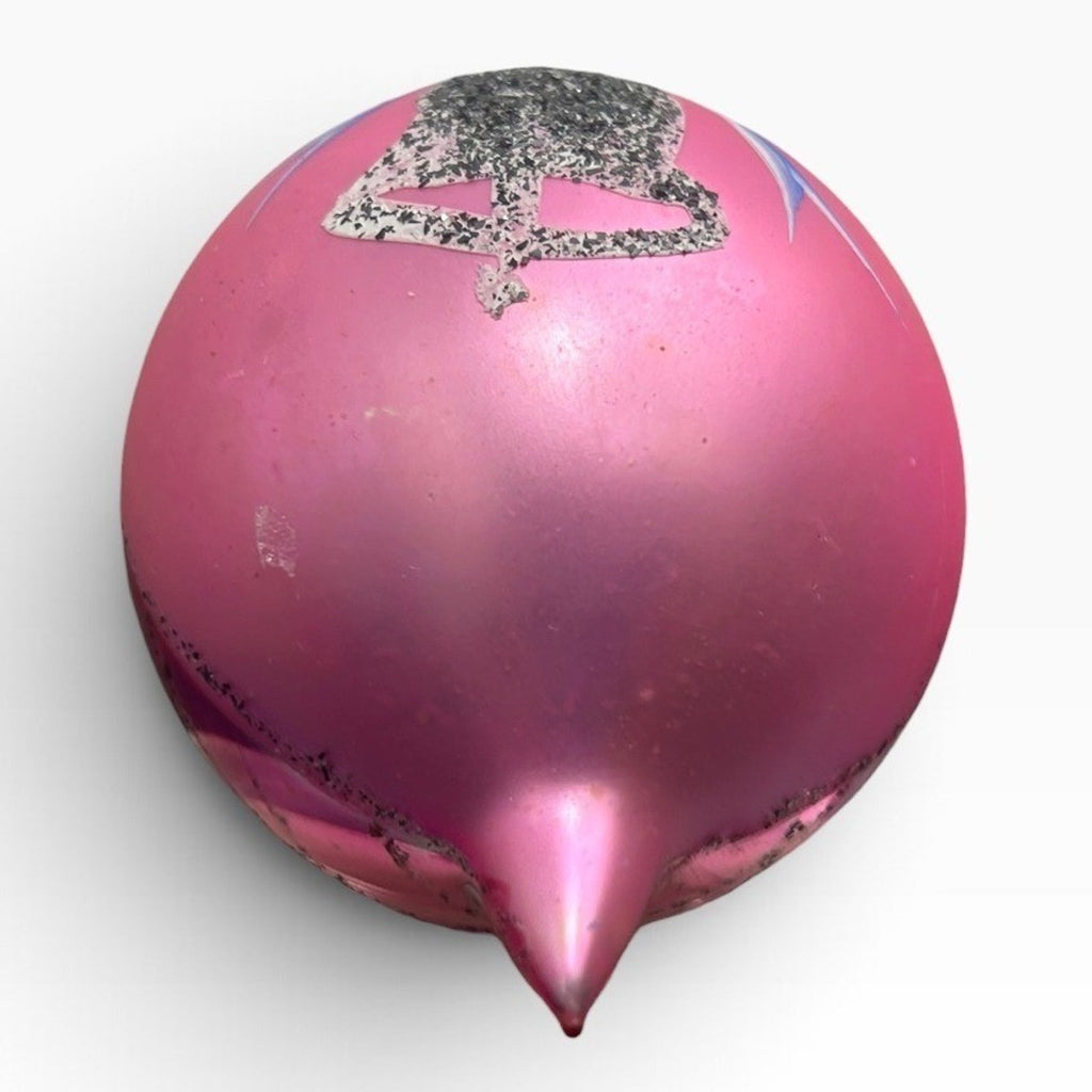 Vintage Poland Glass Teardrop Christmas Ornament Pink Bell Silver Glitter 3.5in