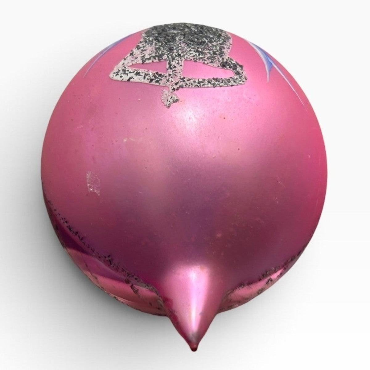 Vintage Poland Glass Teardrop Christmas Ornament Pink Bell Silver Glitter 3.5in