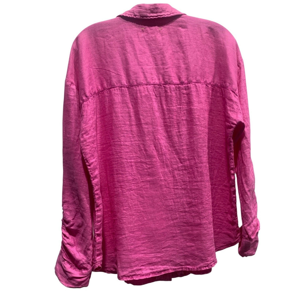 Maeve Anthropologie Hot Pink 100% Linen Ruched Sleeve Button Down Shirt Large