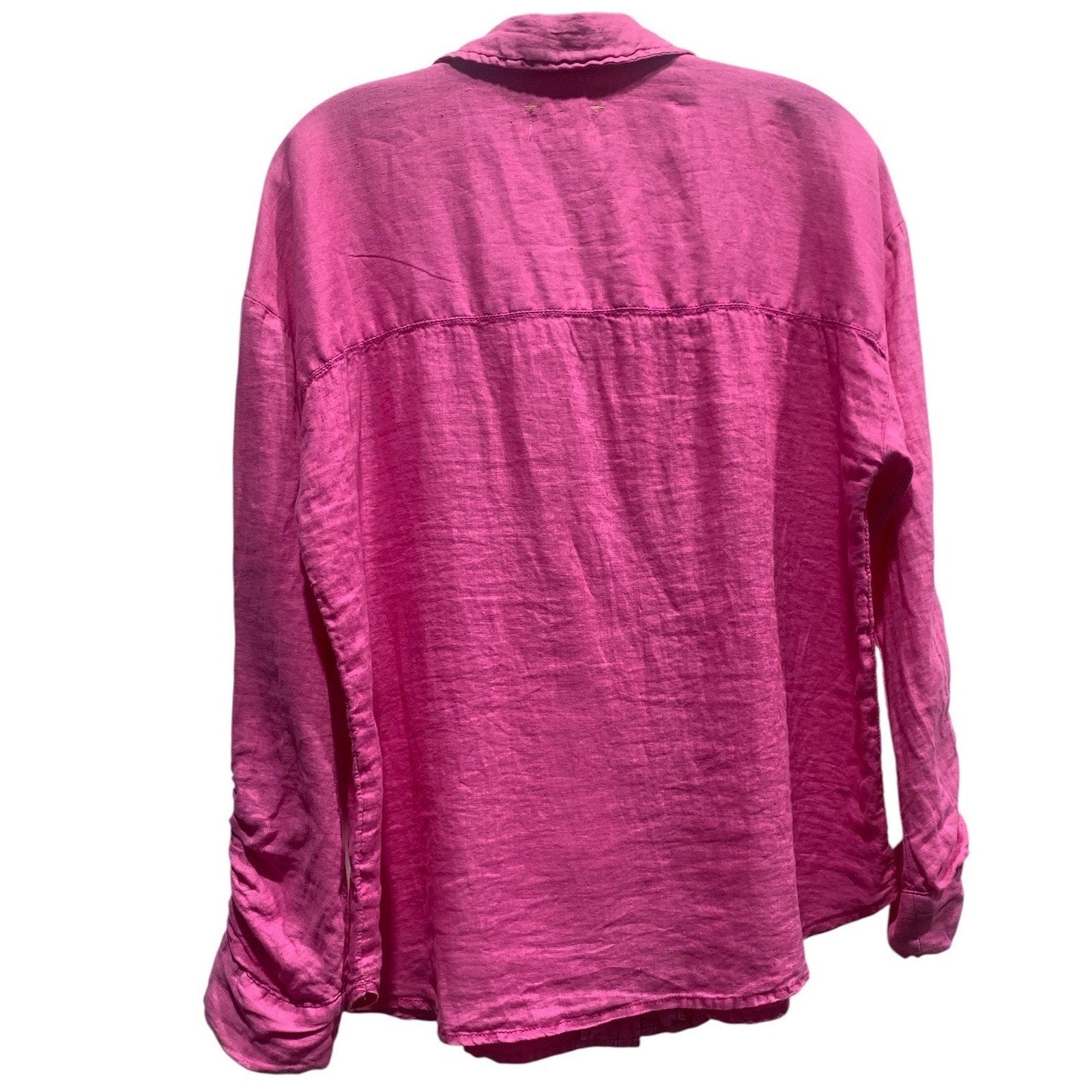 Maeve Anthropologie Hot Pink 100% Linen Ruched Sleeve Button Down Shirt Large