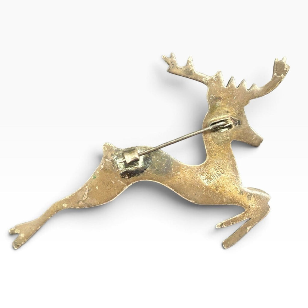 Vintage Mexico Sterling Silver Leaping Deer Stag Brooch Green Stone Eye Bohemian