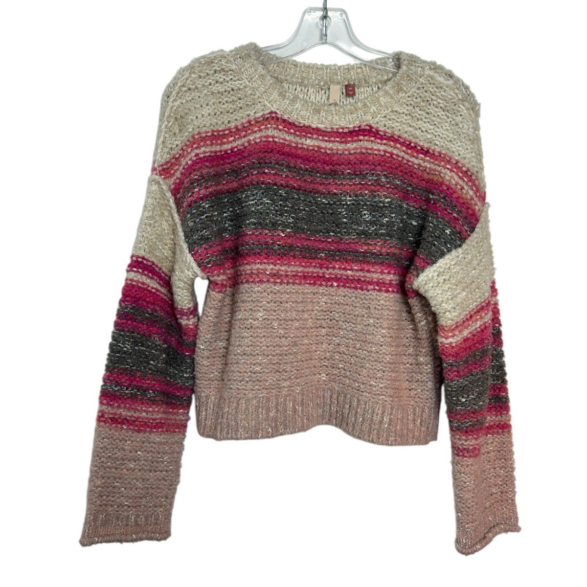 Pilcro Anthropologie Pink Striped Boucle Wool Blend Chunky Sweater XS cozy prep