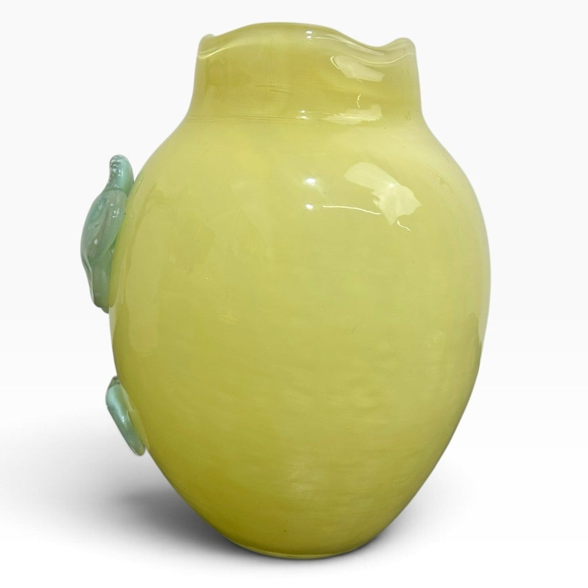 Anthropologie Yellow Glass Vase with Blue Applied Flowers Scalloped Rim 6.5in