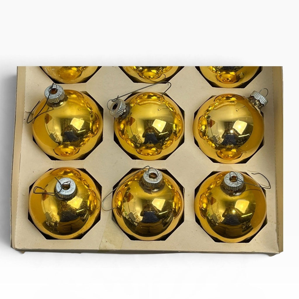 Vintage Shiny Brite Gold Glass Christmas Ornaments Set of 12 Mid Century MCM USA