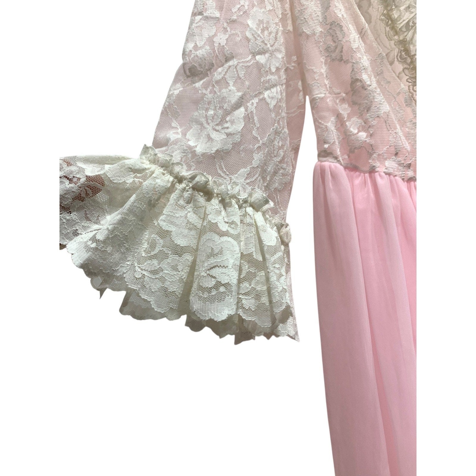 Vintage Pink Lace Maxi Nightgown Sheer Empire Waist Ruffle Sleeve Peignoir Dress