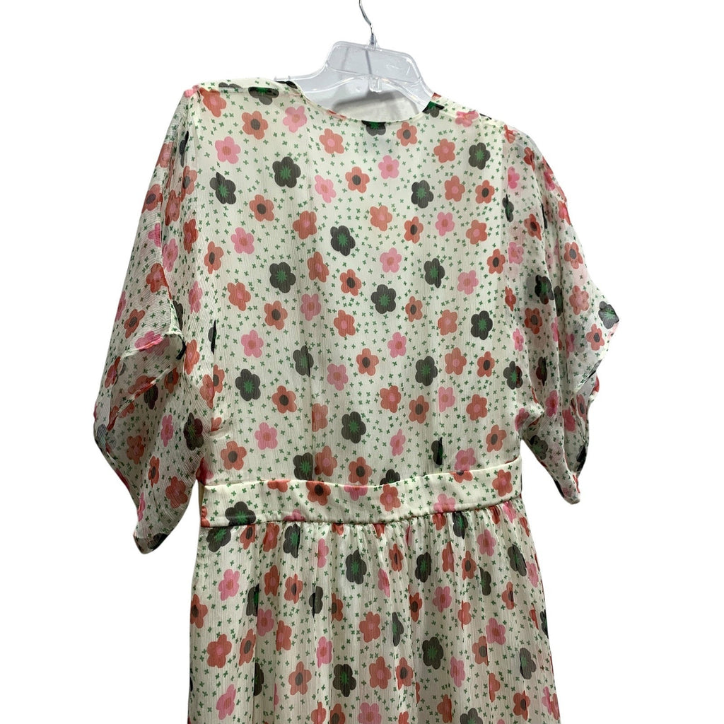 Paul & Joe Floral Midi Dress Ivory Pink Green 42 Sheer Size Large