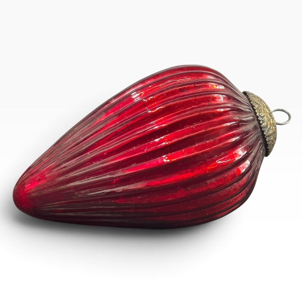 Vintage Ruby Red Mercury Glass Ribbed Teardrop Christmas Ornament Brass Cap