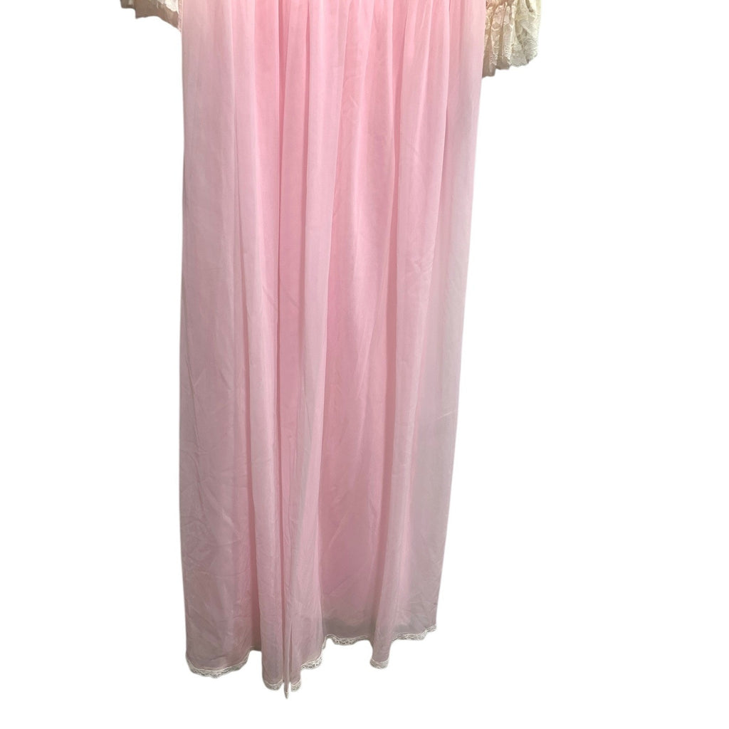 Vintage Pink Lace Maxi Nightgown Sheer Empire Waist Ruffle Sleeve Peignoir Dress