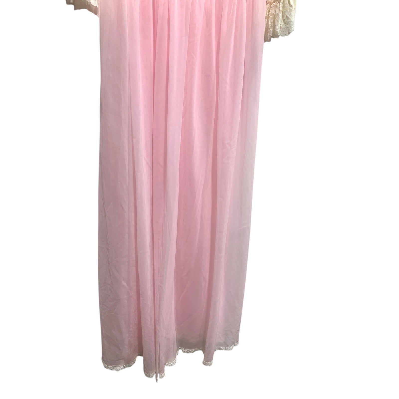 Vintage Pink Lace Maxi Nightgown Sheer Empire Waist Ruffle Sleeve Peignoir Dress