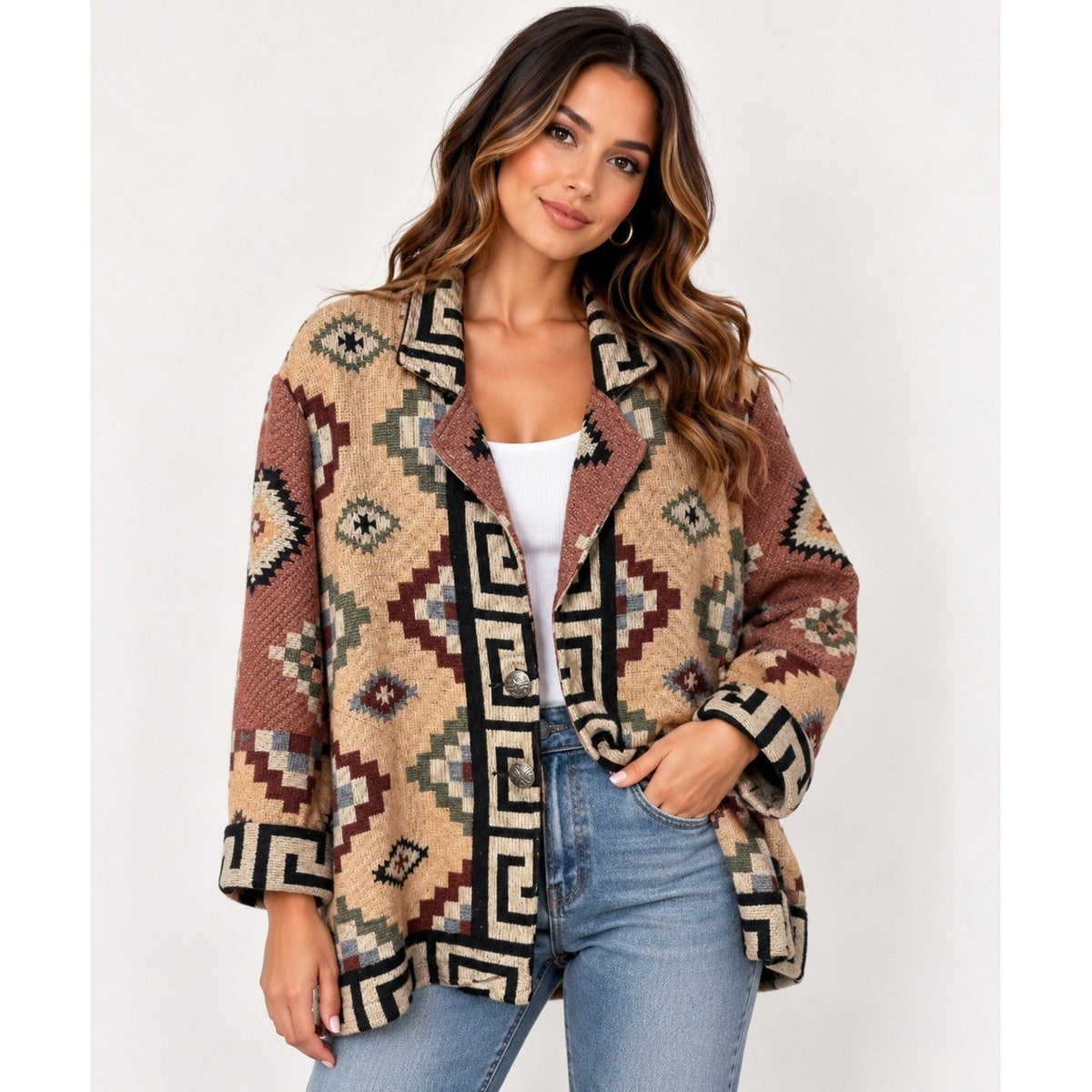 Vtg Its Outta The Bag Unge-Potch-Ket Southwest Aztec Blanket Tapestry Jacket L