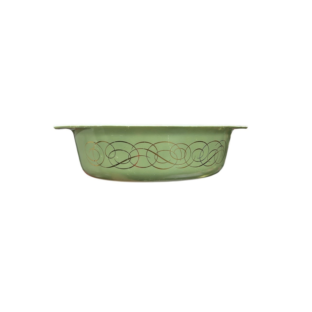 Pyrex 045 Golden Scroll 2.5 Qt Oval Casserole Dish Sage Green Gold No Lid