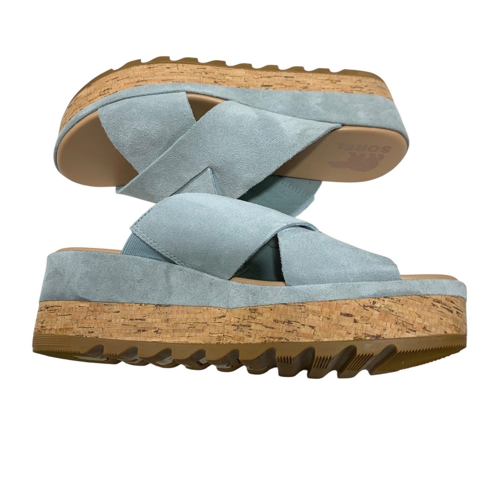 Sorel Cameron Flatform Mule Crushed Blue Suede Sandal Women's Size 9