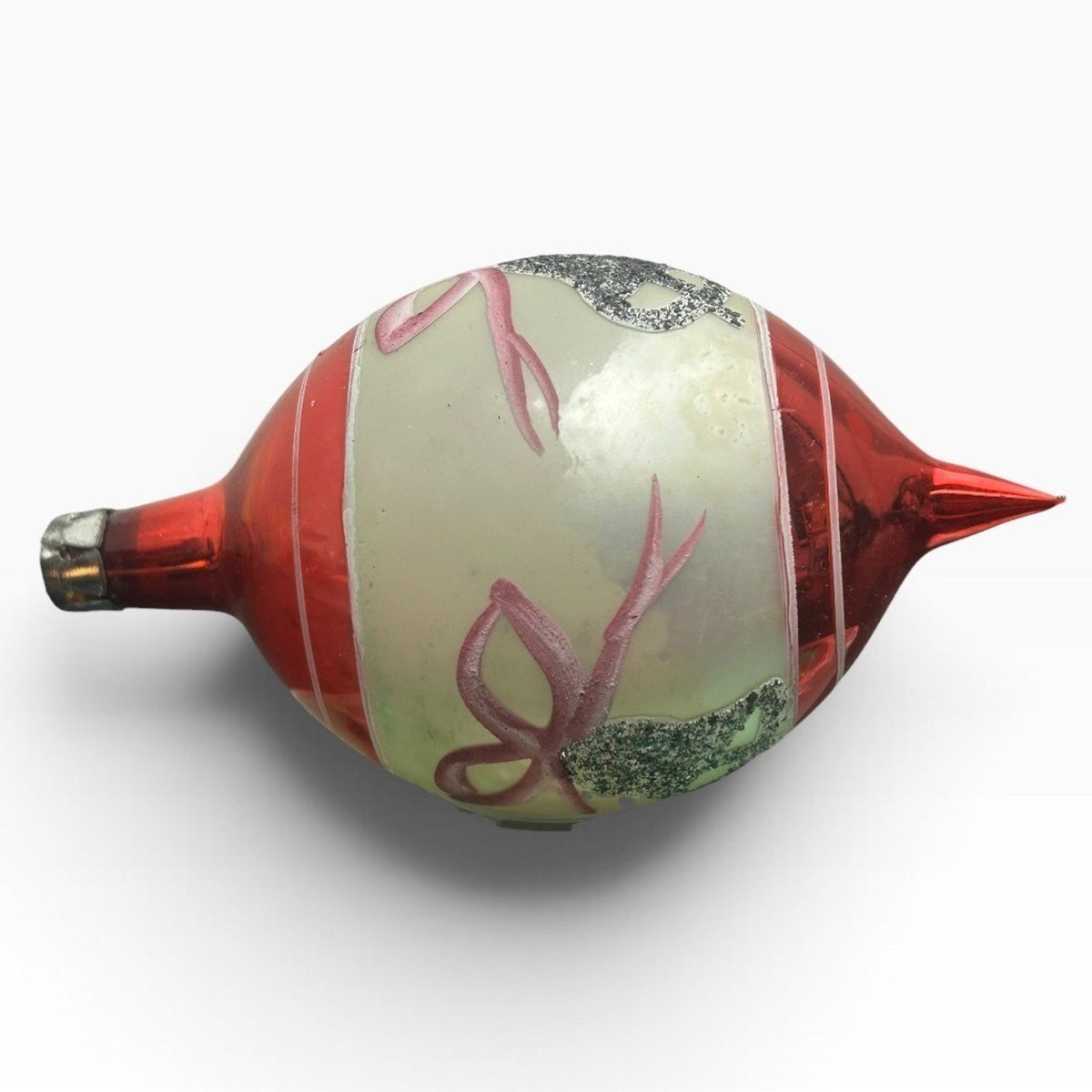 Vintage Poland Mercury Glass Teardrop Christmas Ornament Red Silver Bell 3in