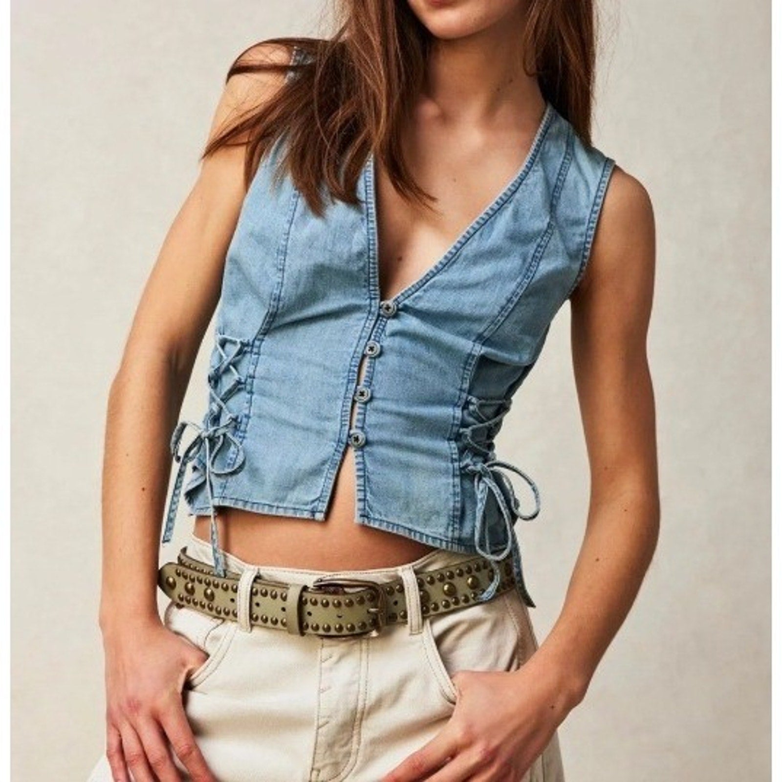 Free People Lala Lace Up Vest XS OB1463034 Denim Summer Festival Western