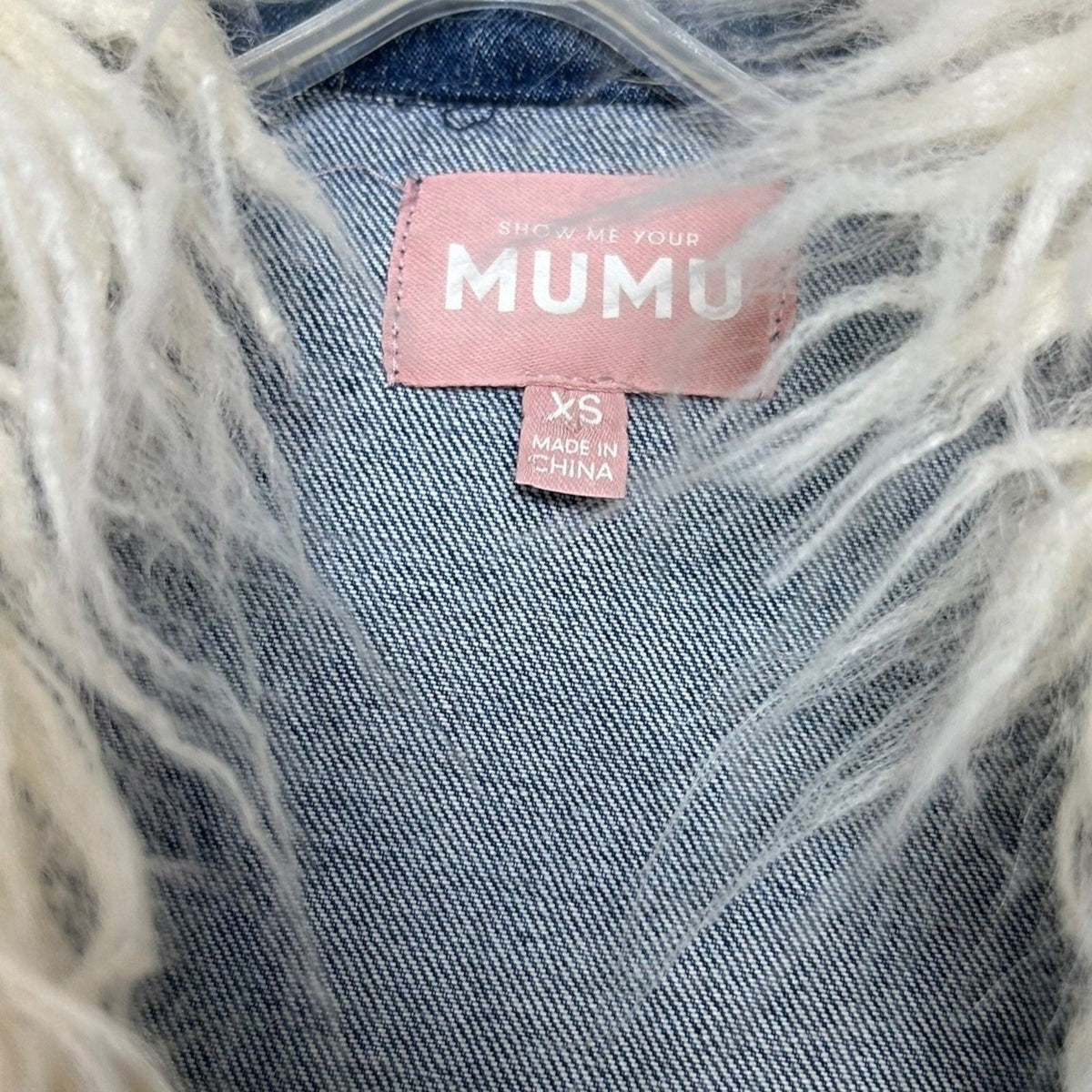 Show Me Your Mumu Penny Lane Coat Blue Denim Faux Fur Trim Wrap Jacket XS 70s