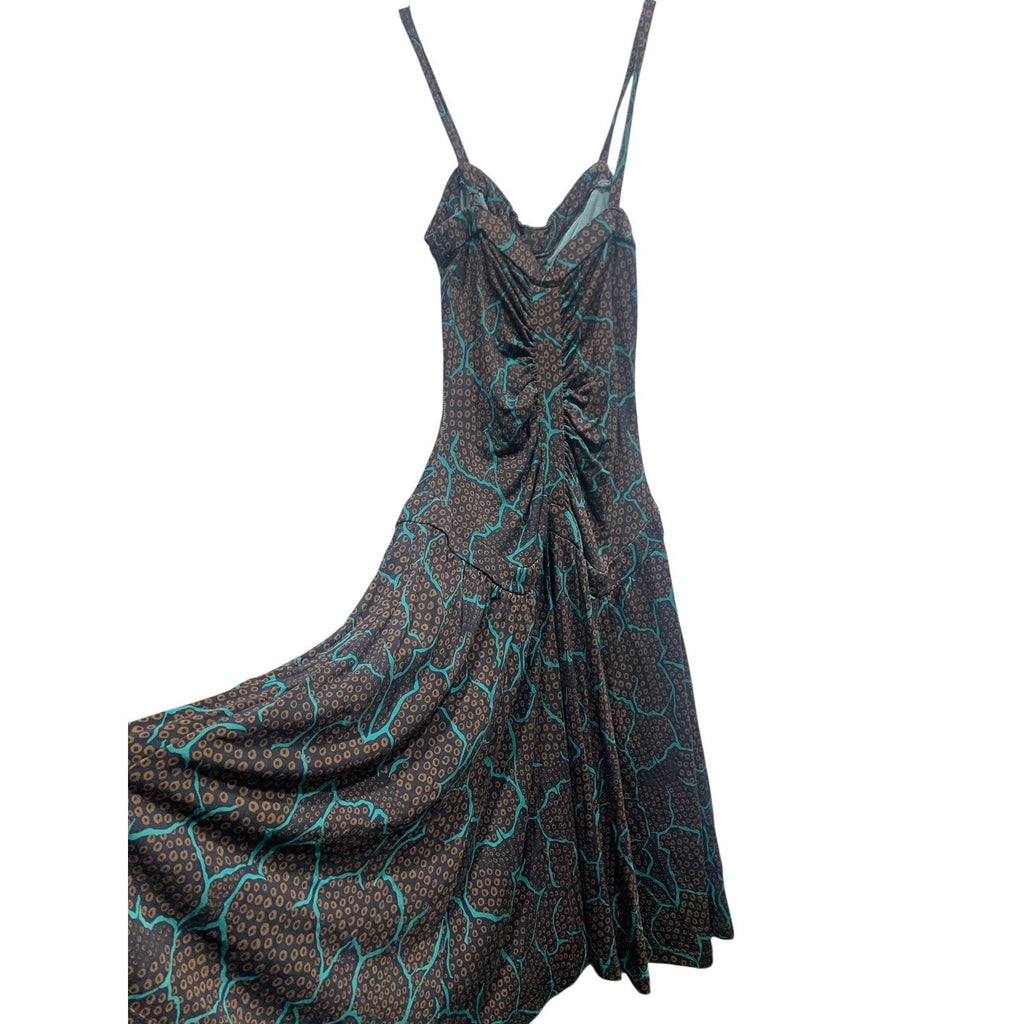 Diane von Furstenberg Silk Midi Dress Brown Blue Print Ruched Strap sz 2
