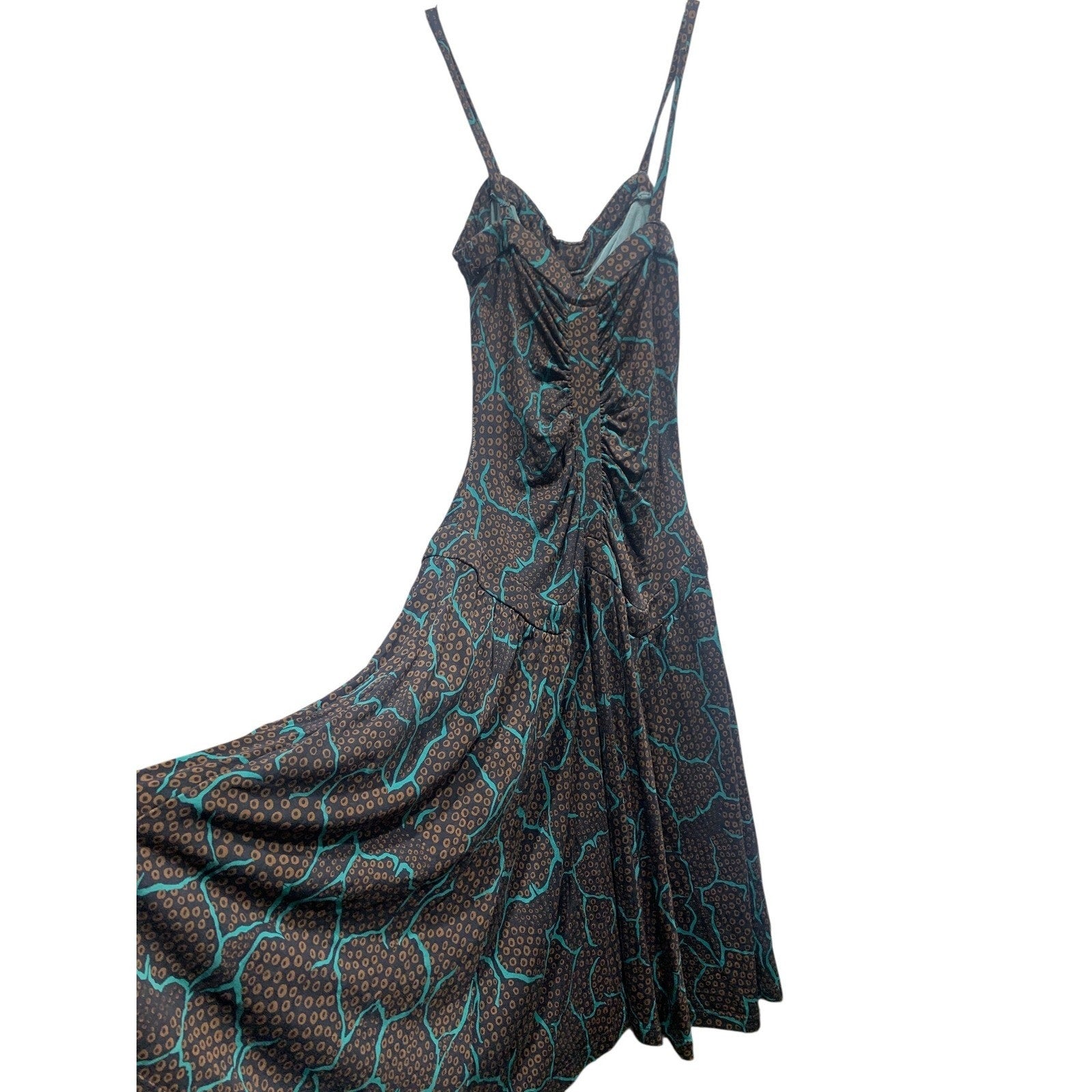 Diane von Furstenberg Silk Midi Dress Brown Blue Print Ruched Strap sz 2