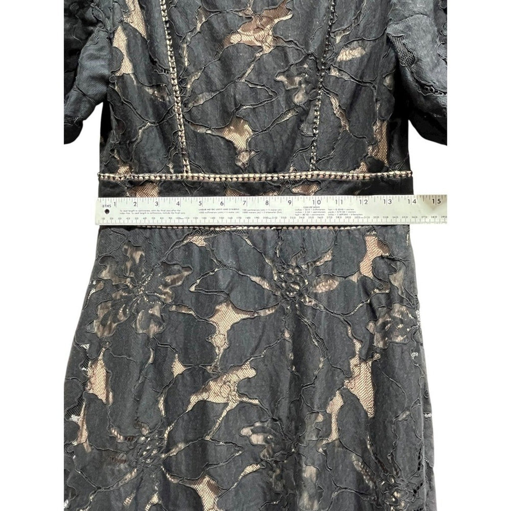 Anthropologie Ophelia Puff Sleeve Elegant Black Lace Dress Midi V Neck size 6