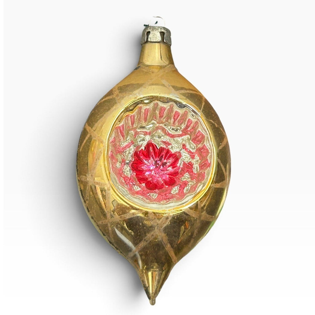 Vintage Poland Mercury Glass Indented Reflector Christmas Ornament Gold Pink