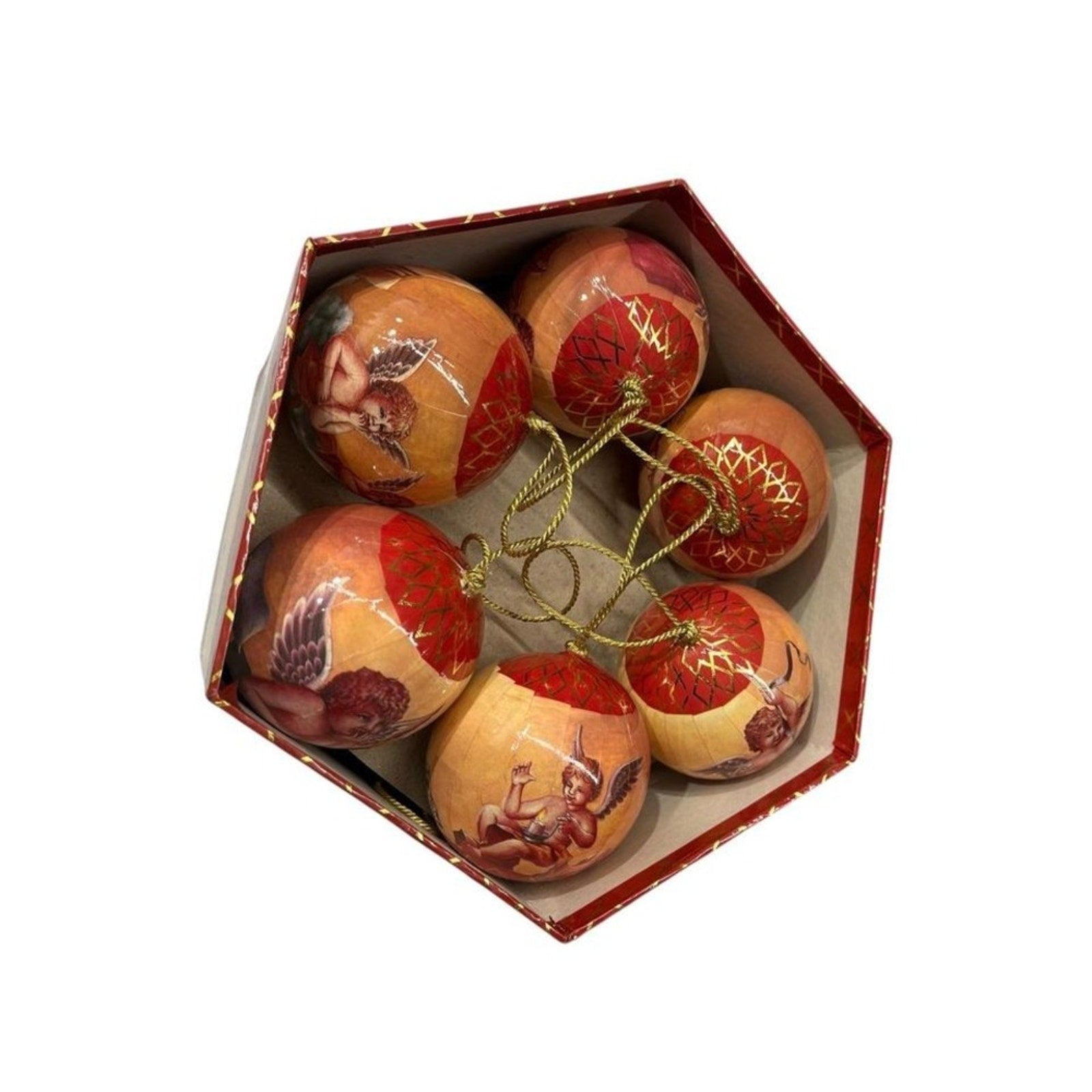 Vintage Angel Cherub Hexagonal Keepsake Box and Ornaments Red Gold