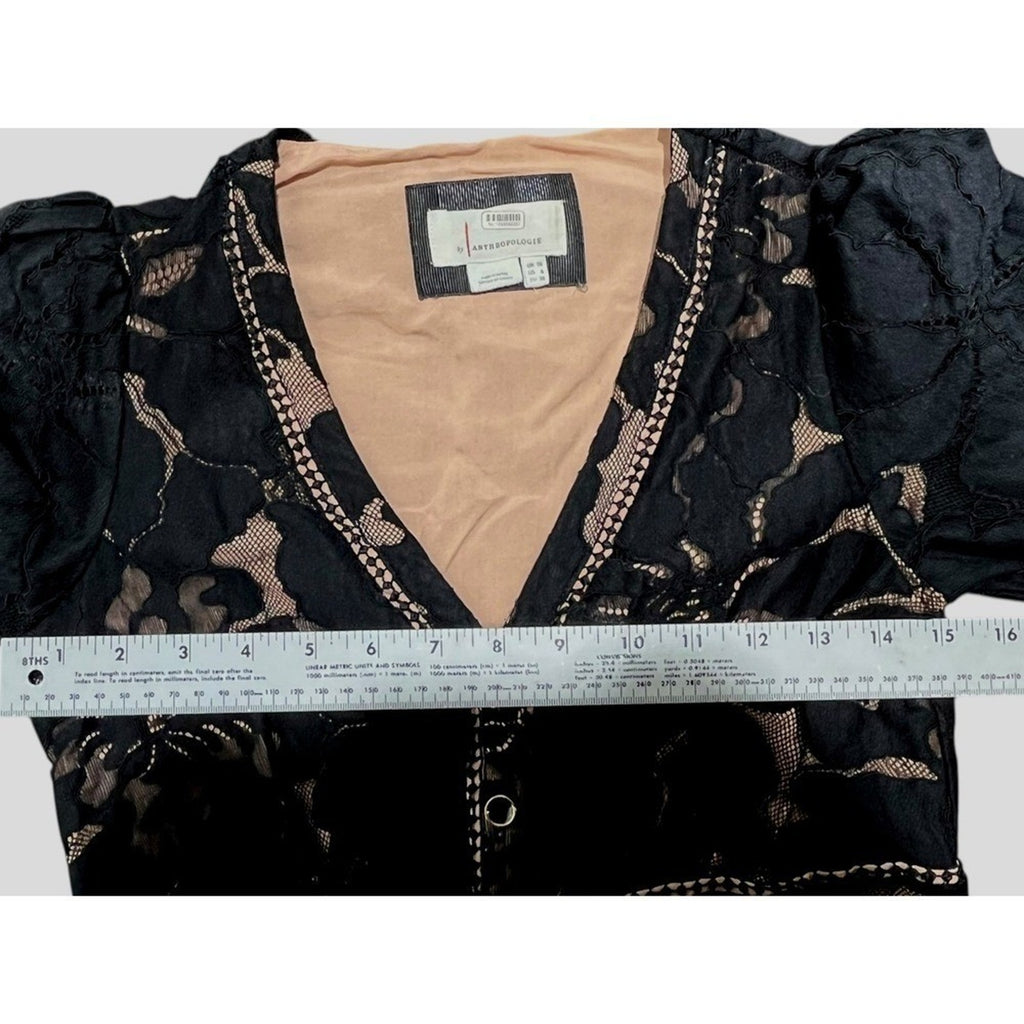 Anthropologie Ophelia Puff Sleeve Elegant Black Lace Dress Midi V Neck size 6