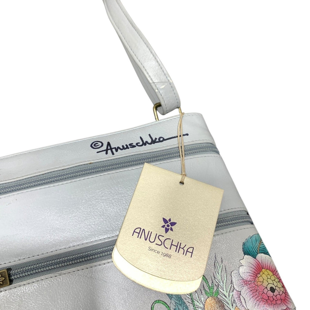 Anuschka Hand Painted Leather Floral Bee Crossbody Bag White RFID Organizer