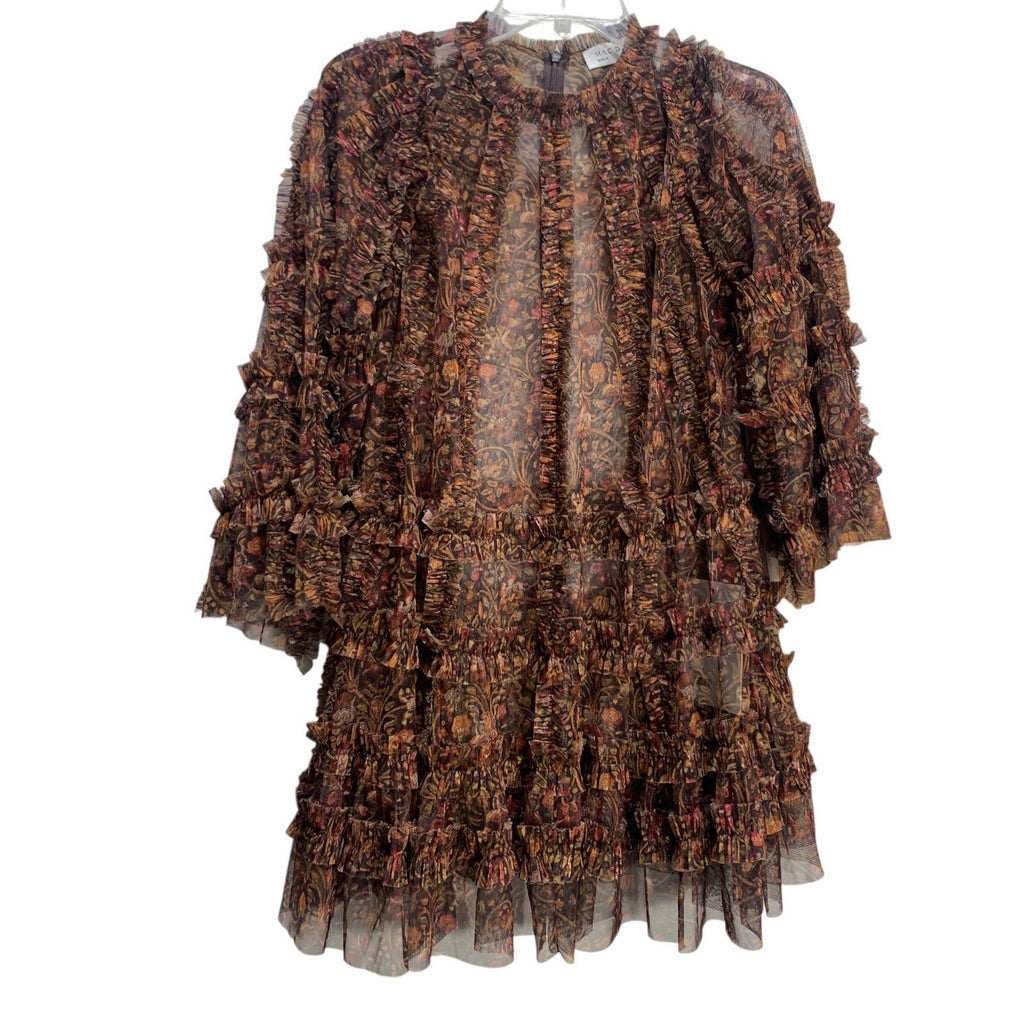 Mac Duggal Floral Print Long Flare Sleeve Mesh Ruffle Tiered A-Line Dress 8 fall