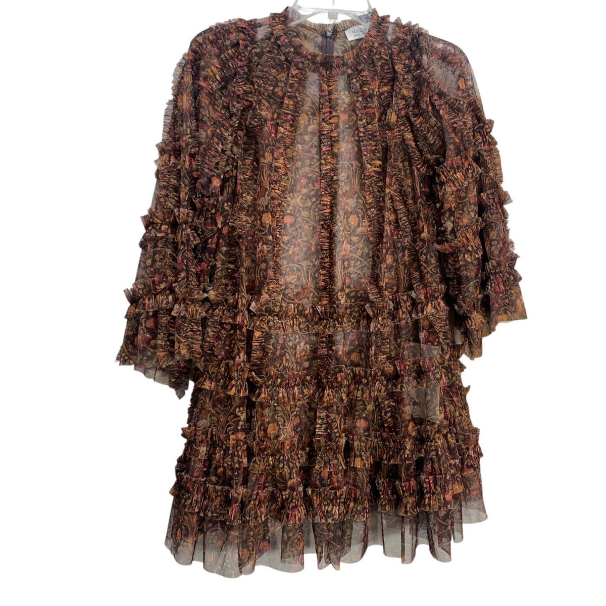 Mac Duggal Floral Print Long Flare Sleeve Mesh Ruffle Tiered A-Line Dress 8 fall
