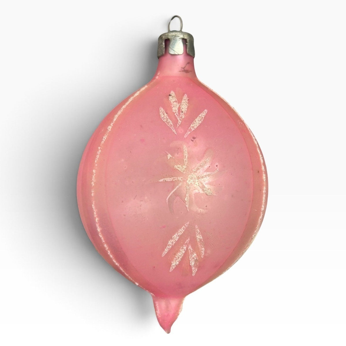 Vintage Poland Pink Frosted Glass Teardrop Christmas Ornament Silver Starburst