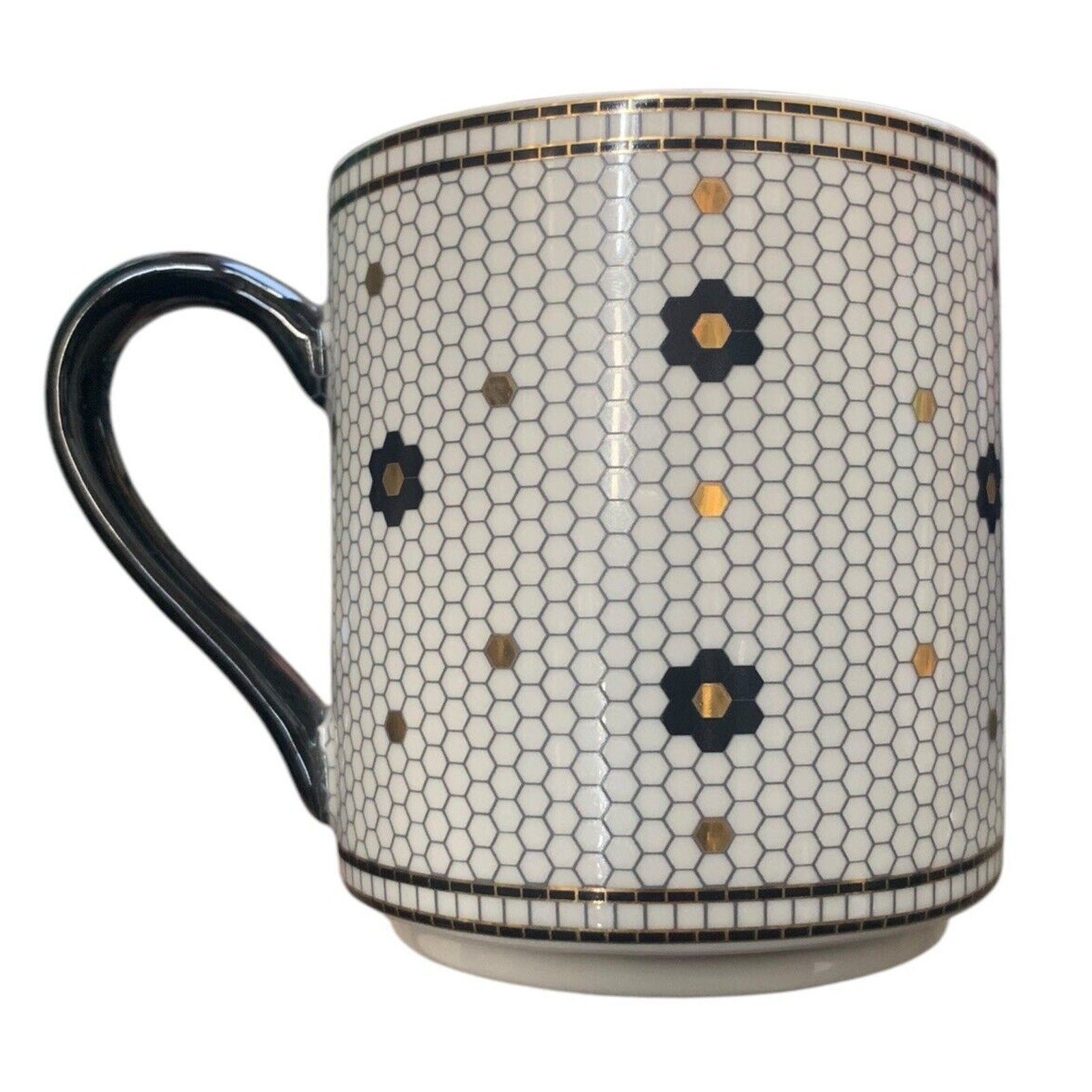 Anthropologie initial letter T Mug Black Gold Honeycomb Mosaic Tile Mug