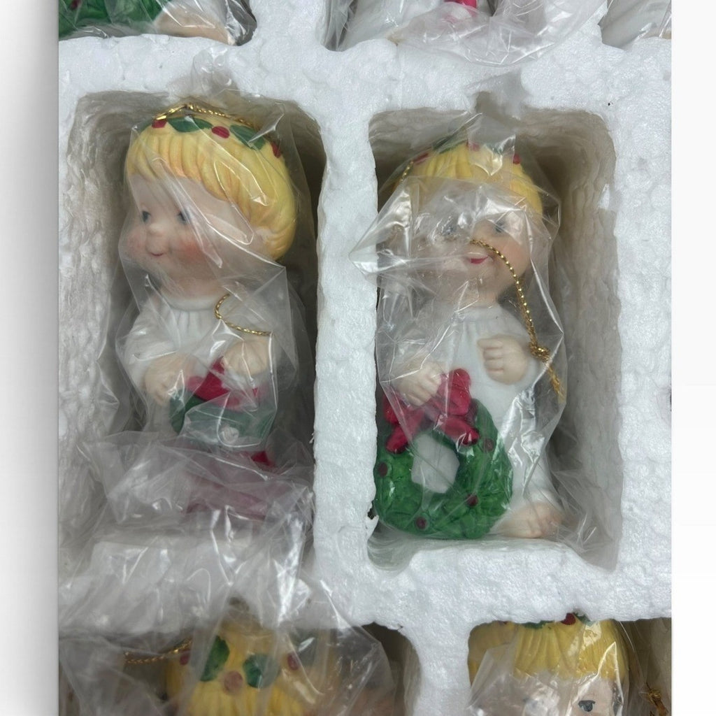 Vintage Ceramic Angel Christmas Ornament Set 12pc Made in Taiwan H9432 3in