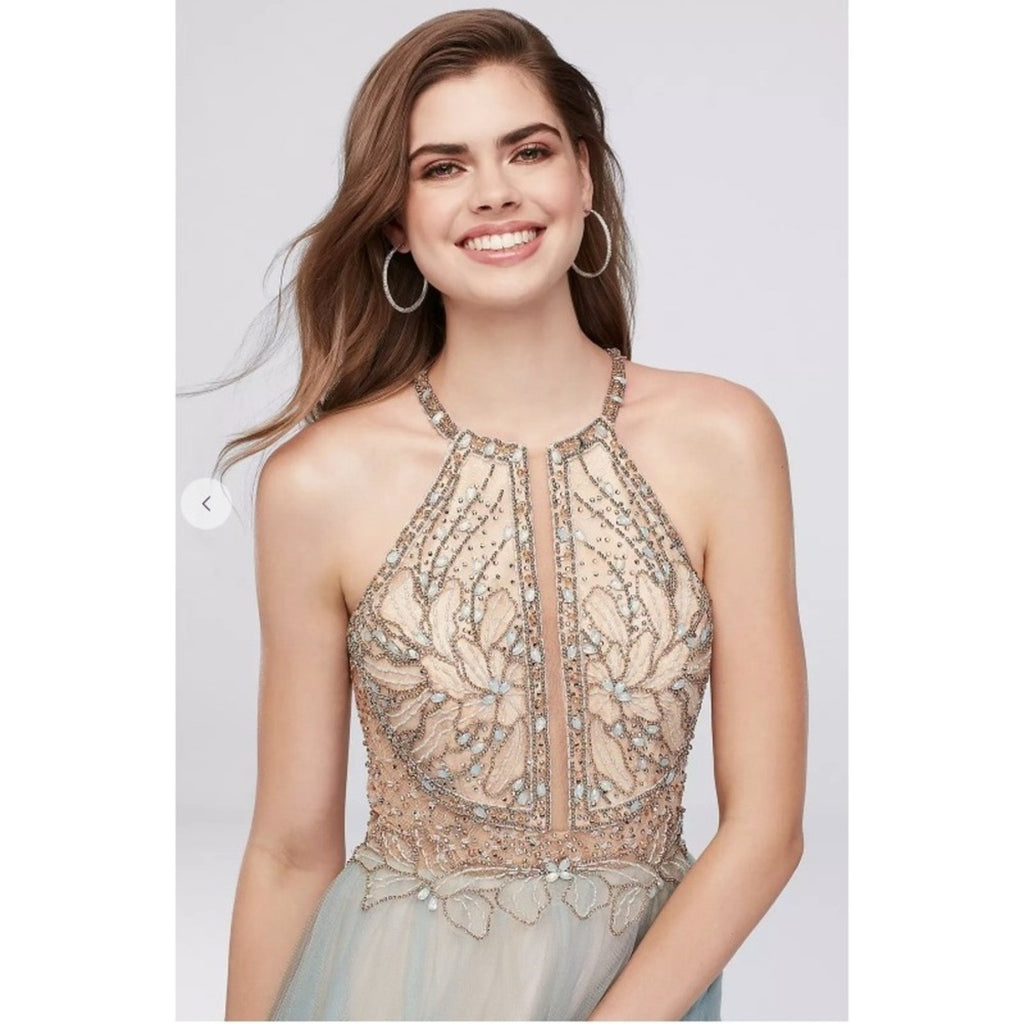 Glamour High Neck Crystal Beaded Halter Gown Tulle Skirt Prom Pageant Blue Sz 8
