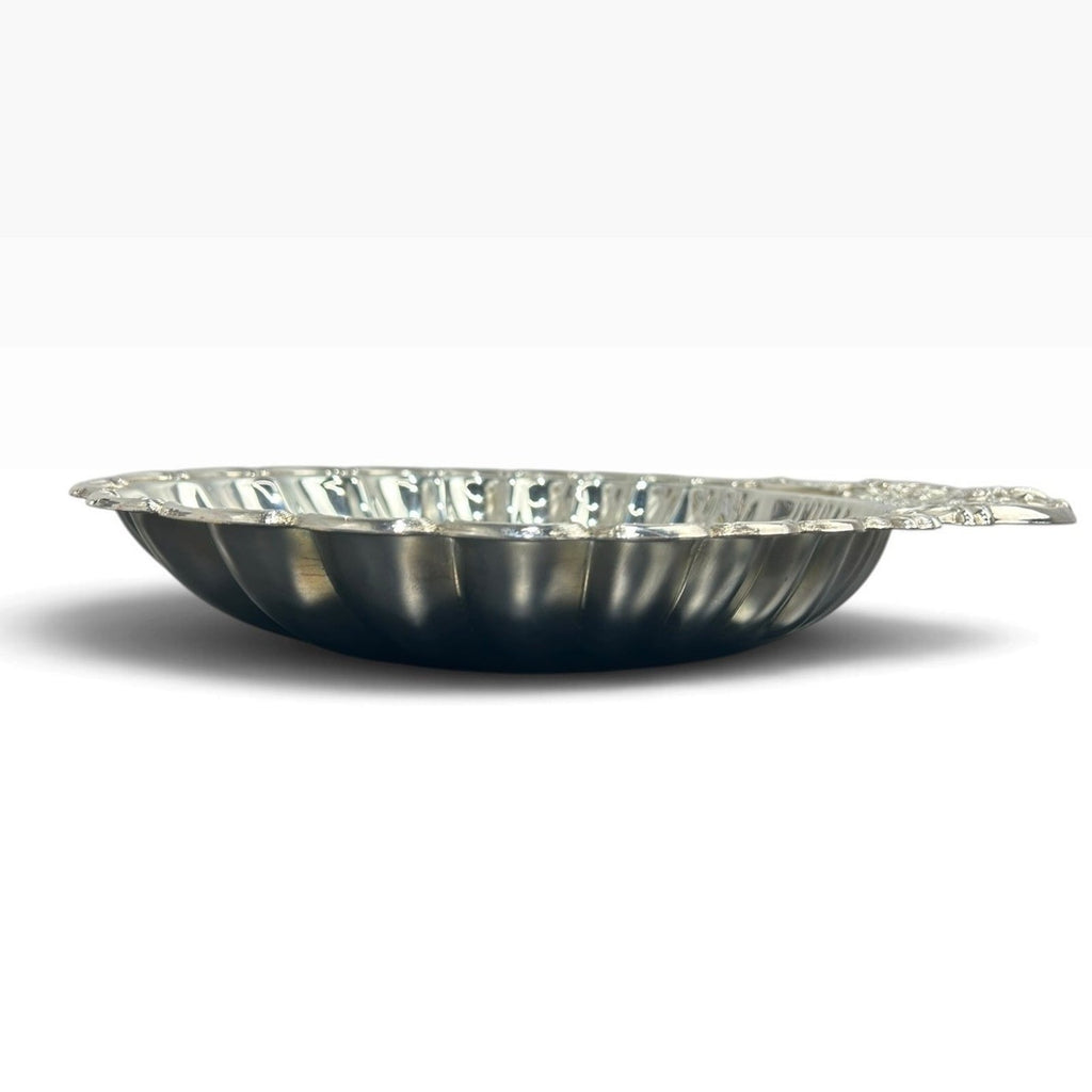 14" Vintage Silver Plated Scalloped Shell Dish Ornate Floral Handle Trinket Tray