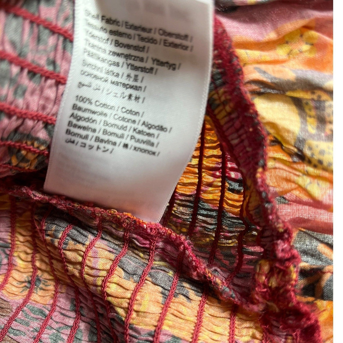 Farm Rio Garden Bloom Smocked Floral Crop Blouse Pink Orange Size M