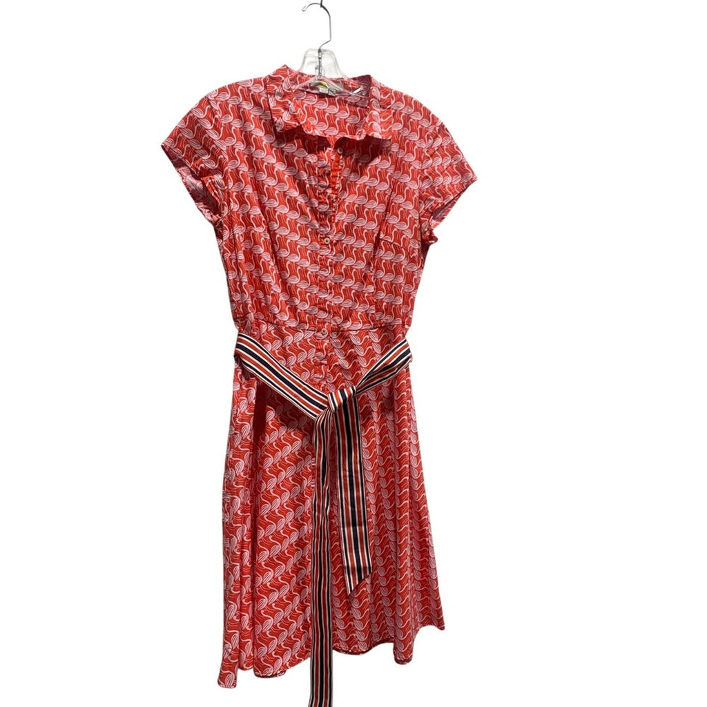 Boden Coral Pink Flamingo Print Belted Short Sleeve Shirt Dress US 10