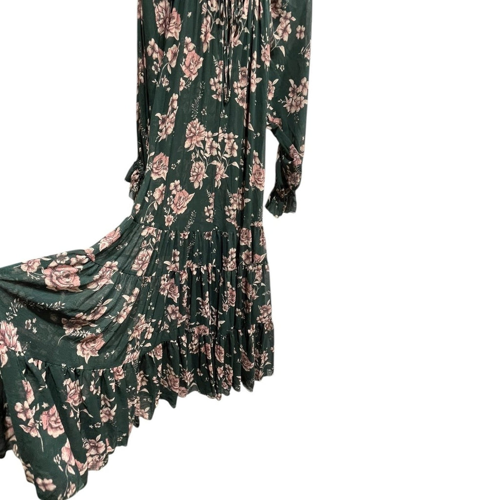 Free People Feeling Groovy Maxi Dress Green Pink Floral Print Tiered Size S