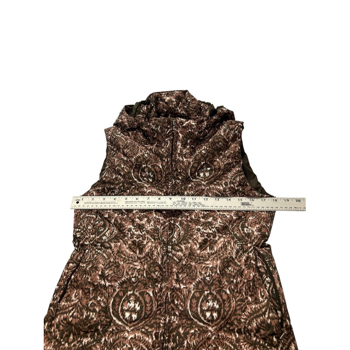 Patagonia Womens Down With It Vest Walnut Brown Paisley Ikat Print Hooded Small