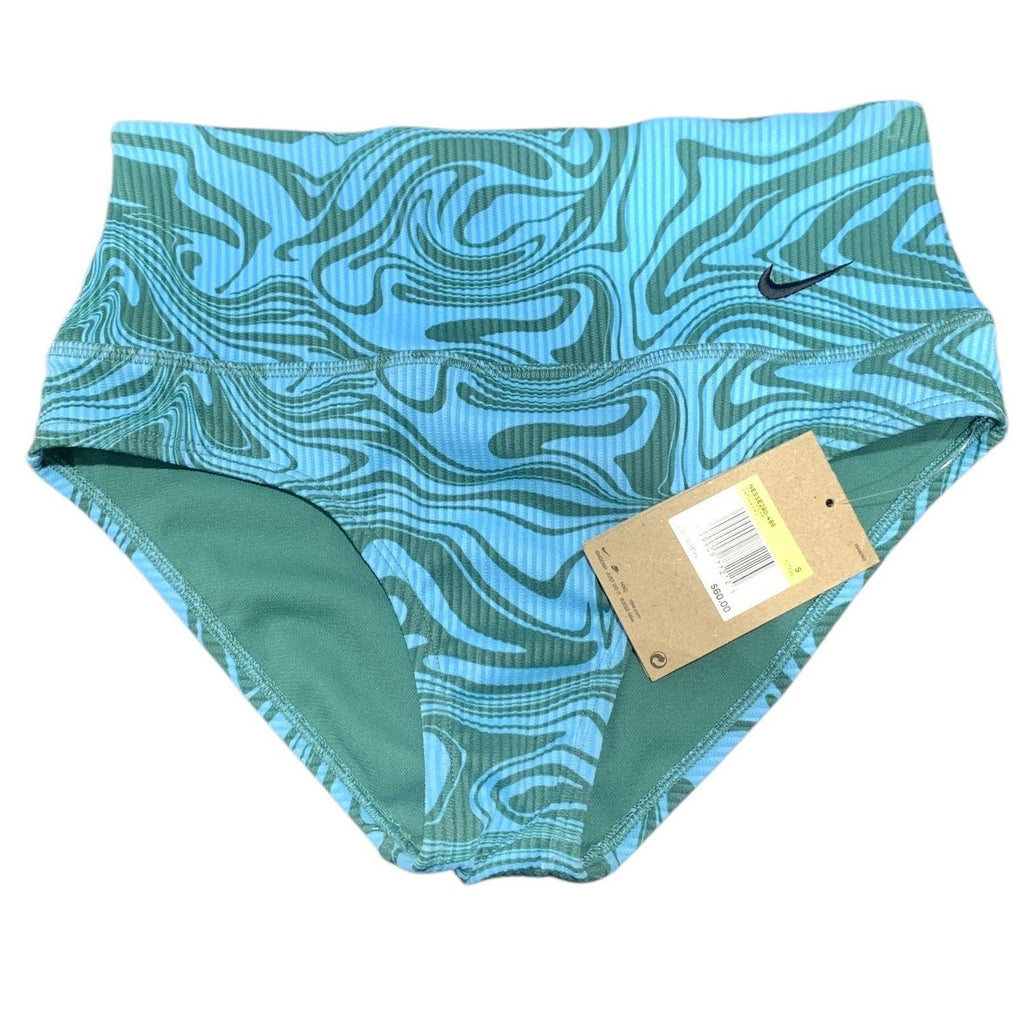Nike Swim Women Blue Green Swirl Marble Ribbed High Waist Bikini Bottom NESSB290