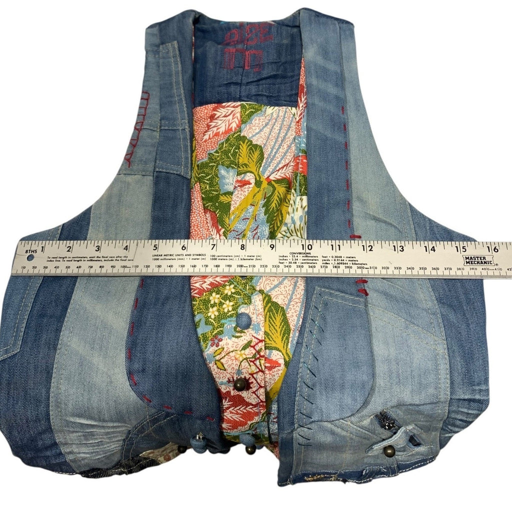 Desigual Patchwork Denim Vest Blue Floral Embroidered Boho Artisanal Size M y2k